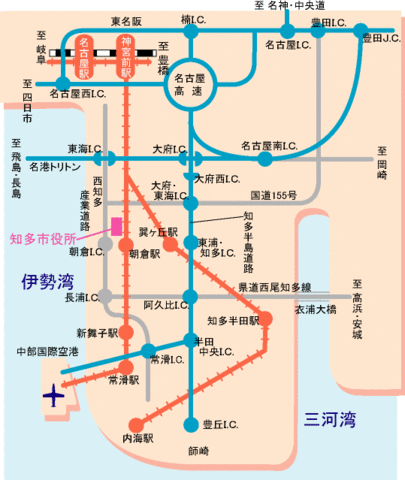知多市へのアクセス地図