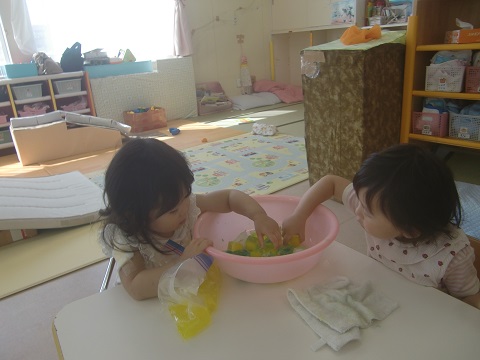 １歳児氷に触れることを楽しむ様子