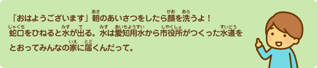 「おはようございます」朝のあいさつをしたら顔を洗うよ！蛇口をひねると水が出る。水は愛知用水から市役所がつくった水道をとおってみんなの家に届くんだって。